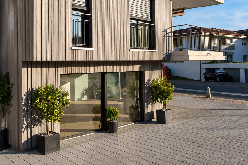 The UNITY Saint-Sulpice centre with its timber facade, glass entrance and potted plants