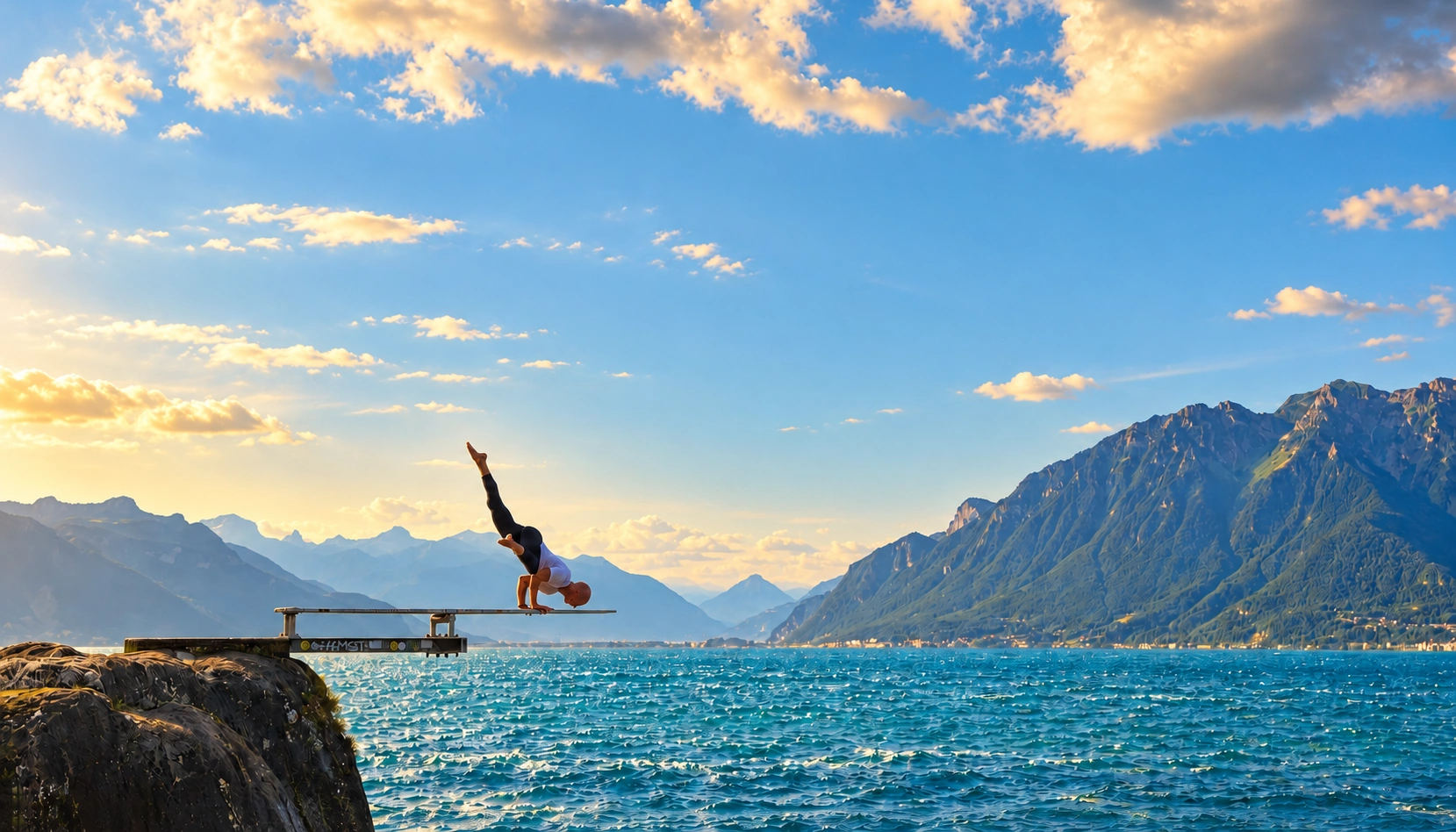 Felix holding an arm balance on a diving board beside Lake Geneva beneath a wide evening sky