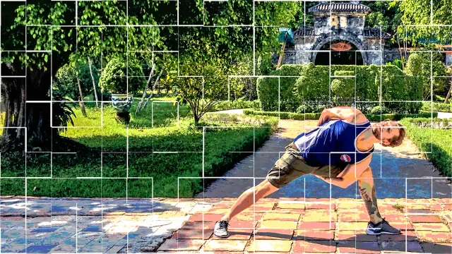 A man holds bound side angle pose on a garden terrace in a colourful photograph with a poster-tile grid.