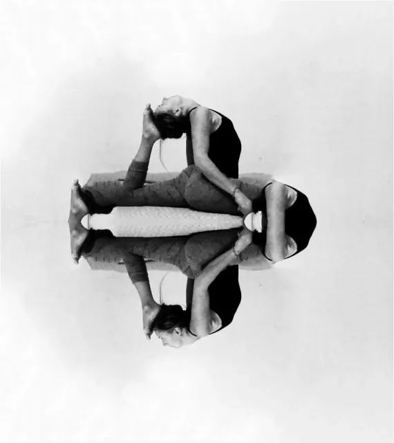 A mirrored black-and-white collage repeats a woman in a deep yoga backbend, forming a symmetrical circular composition.