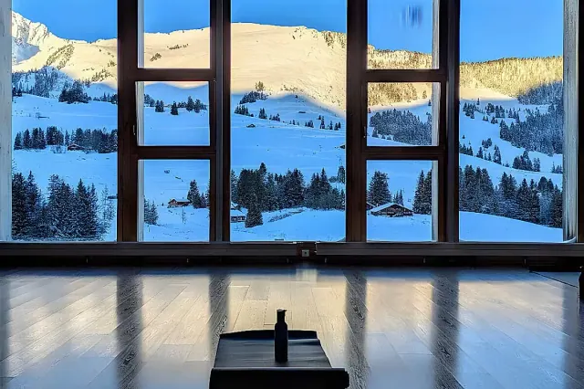 Sunlight falls across an empty wooden studio, with snowy mountain slopes visible through tall windows.