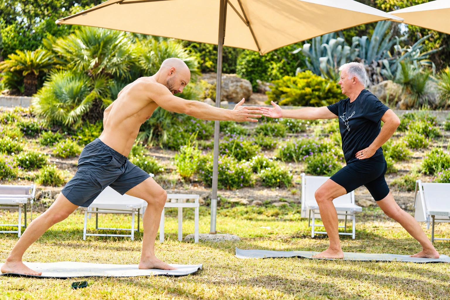 Felix guiding a private yoga practice outdoors at Falconara
