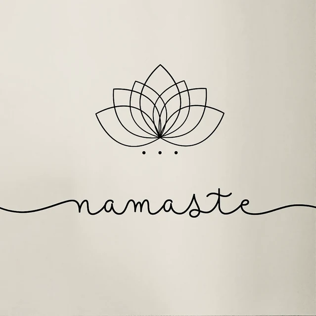 A simple black lotus outline sits above the handwritten word namaste on a pale background, with a flowing line beneath.