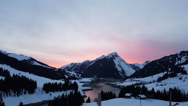 A soft pink sky glows behind dark mountain peaks above a quiet lake, snow-covered fields and evergreen forests.