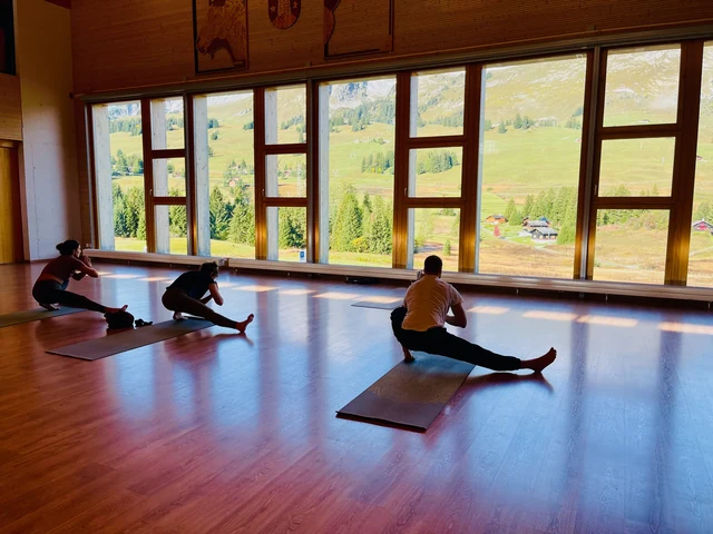 Three people hold low side lunges on mats in a wooden yoga room, facing large windows with a view of green mountain slopes.