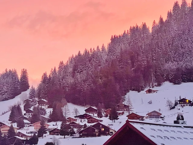 Snow-covered wooden chalets nestle beneath an evergreen hillside, with a pink winter sky glowing above them.