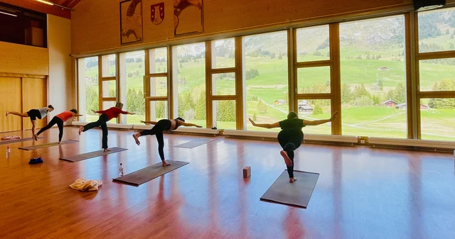 A yoga group balances in Warrior III with arms extended beside tall windows overlooking green alpine meadows.