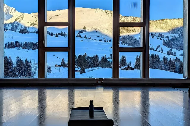 Tall windows in an empty wooden yoga room overlook snowy slopes and evergreen trees, with sunlight reflecting on the floor.