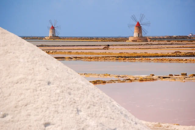 A white salt pile fills the foreground beside shallow salt pans, with two traditional windmills in the distance.