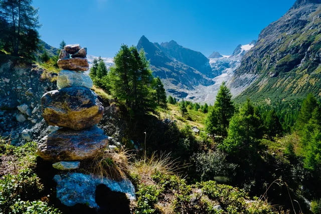 A stone cairn stands beside a green alpine trail, overlooking evergreen trees, rocky peaks and a distant glacier.