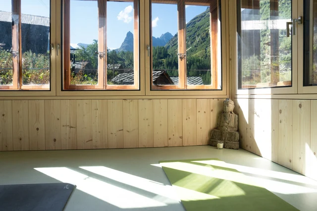 Sunlight falls across a yoga room floor beside a green bolster and Buddha statue, with mountains visible through the windows.