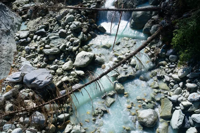 A turquoise stream tumbles through pale boulders in a rocky gorge, with fallen tree trunks crossing above the flowing water.