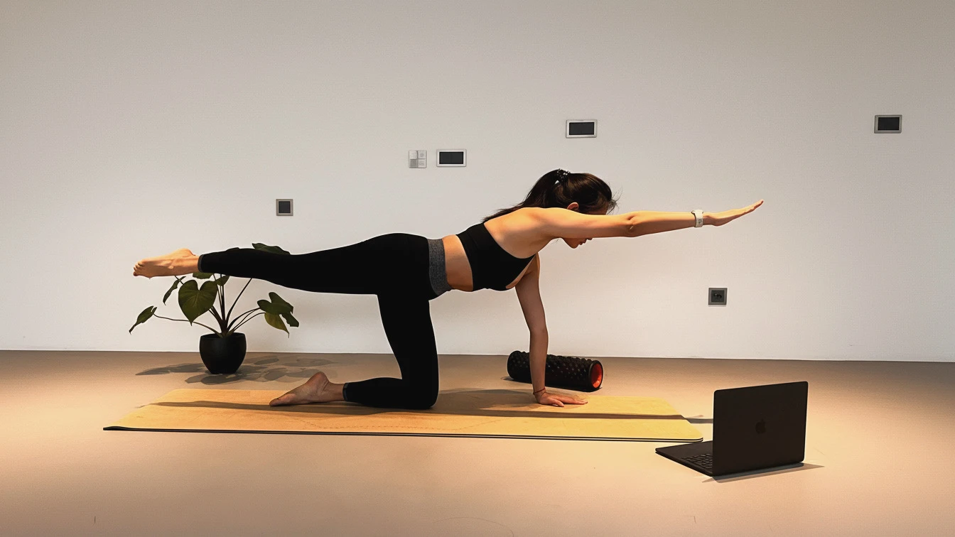 Keshia practising a kneeling Pilates balance with a laptop beside her mat