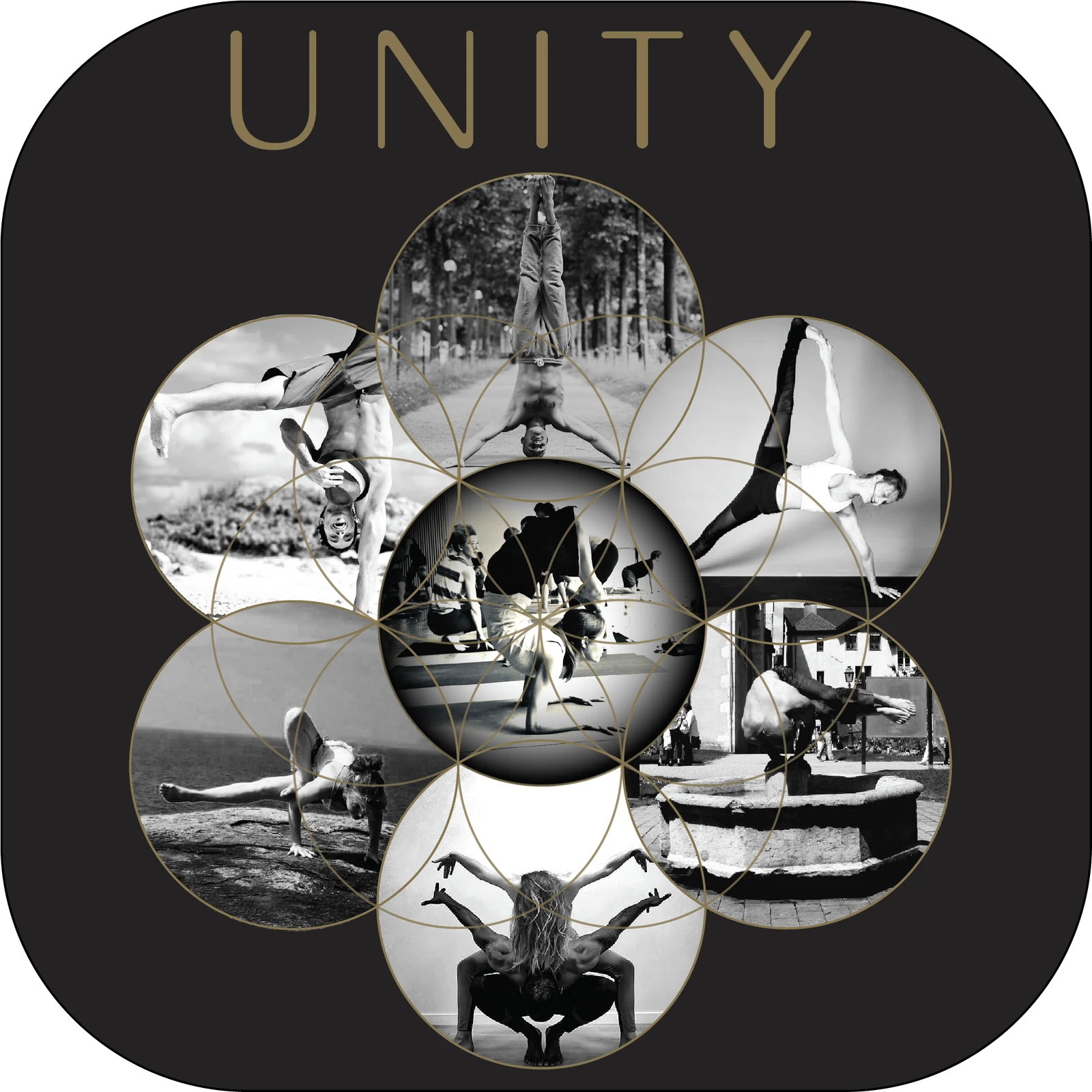 UNITY team emblem with a black-and-white collage of teachers in movement